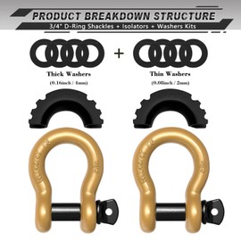 AUTMATCH D Ring Shackle 3/4" Shackles (2 Pack) 41,887Ibs Break Strength, Clevis Shackle with 7/8" Screw Pin and Shackle Isolator Washers Kit for Tow Strap Winch Off Road Vehicle Recovery, Gold