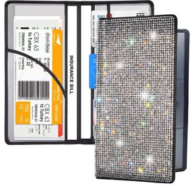 LIFUTOPIA Bling Rhinestone Artificial Diamond Car Registration and Insurance Document Holder, Glitter Car Essentials Glove Box Organizer Compartment Bling Silver, Medium