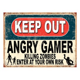 Shawprint Keep Out Angry Gamer Killing Zombies Enter At Your Own Risk Funny Metal Signs Father's Day Home Pub Indoor & Outdoor Garden Bar Garage Vintage Wall Plaque Gift Retro (A4 (210mm x 297mm))