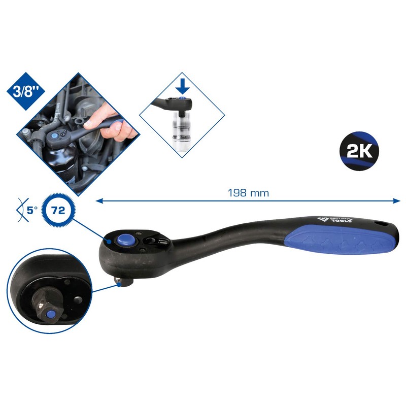 BRILLIANT TOOLS BT021900 3/8 Inch Reversible Ratchet [Powered by KS