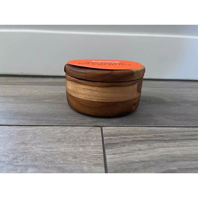 LE CREUSET TEAK SALT POT CROCK, 4" ROUND, SWIVEL LID,