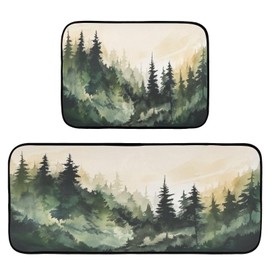 Kigai Watercolor Forest Kitchen Rug Set of 2 Non Slip Washable Cushioned Anti-Fatigue Kitchen Mat Comfort Standing Floor Mat for Kitchen Washroom Bedroom