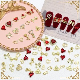 RODAKY 64PCS Gold Nail Charms Red Butterfly Heart Charms for Nails Valentine's Day Nail Jewelry 3D Bow Flower Nail Decoration Metal Charms Gems for Nails Art Design
