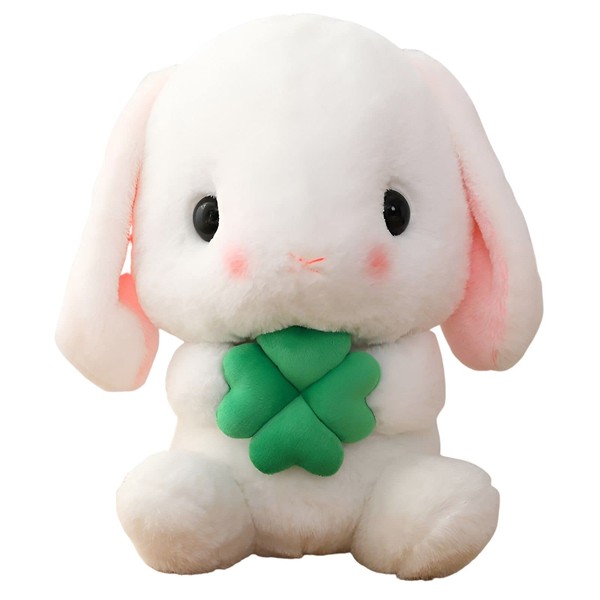 HOUPU Soft Toy - Sitting Lop Eared Rabbit, Easter White Rabbit Stuffed Bunny Animal with Carrot Soft Lovely Realistic Long-Eared Standing Pink Plush Toys (White-Four Leaf,8.6in/22cm)