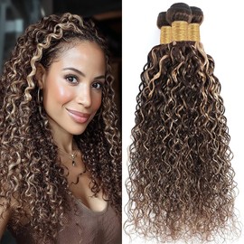 Dokksiiia 16/18/20 Inch Highlight Ombre P4/613 Curly Wave Human Hair Bundles #4 & #613 (Chocolate Brown & Blonde) Piano Color Mix Brazilian Hair Extensions Weave Bundles for Natural Look