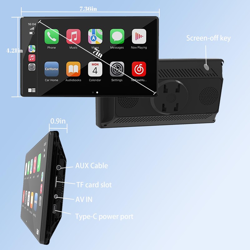 Hynhsun Portable Wireless Apple Carplay/Android Auto Screen for Car, 7"