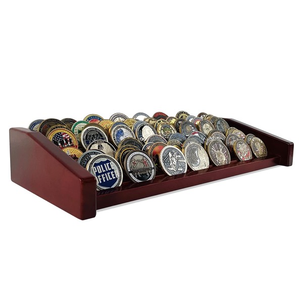 ASmileIndeep 8 Rows Military Challenge Coin Display Holder for Desk Military Coin Display Stand Holds 60 Coins Army Police Challenge Coin Display Rack Case Wooden,Mahogany Finish
