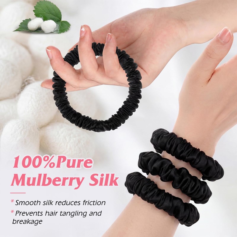 Needbrock Mulberry Silk Hair Ties, Thin Black Scrunchies for Women