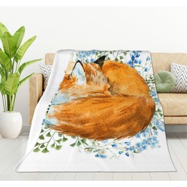 HGOD DESIGNS Watercolor Sleeping Fox Fleece Throw Blanket Ultra Soft Cozy Blooming Decorative Flannel Blanket All Season for Home Couch Bed Chair Travel 100x130cm
