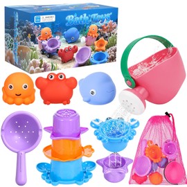 9 PCS Baby Bath Toys for Kids Ages 1-3, Mold Free Toddler Bath Toys for 2-4 with 3 No Hole Squeezing Marine Animals Toys, Bathtub Beach Sand Water Table Toys for 1 2 3 Years Old Girls Boys Gifts