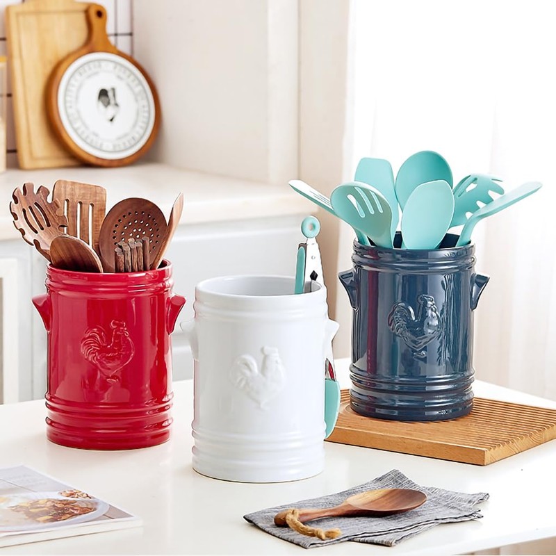 WAIT FLY Embossed Rooster Porcelain Kitchen Utensil Holder Flatware Storage
