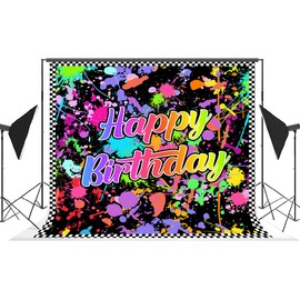 Lofaris Neon Glow(Not Glow) Birthday Party Photography Backdrop Colorful Graffiti Splatter in The Dark Happy Birthday Background Retro Let's Dance Sleppover Party Decor Photo Booth Props 10x7ft