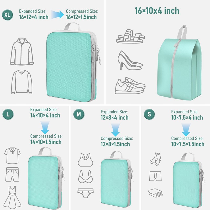 Aomeskoitoy Compression Packing Cubes, Travel Essentials Luggage Organizer Bags for