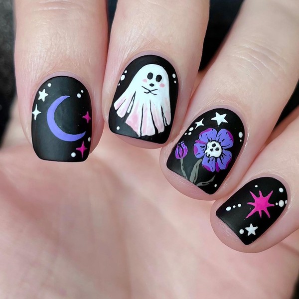 Black Halloween Press on Nails Short Square Fake Nails with