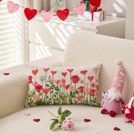 LOMCHEN Valentines Day Pillow Cover 12x20 Inch for Valentines Decorations Valentines Love Hearts Flowers Lumbar Pillows Valentines Day Cushion Case Decoration for Sofa Couch
