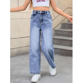 WDIRARA Girl's Bow Print Back Zipper Fly Elastic High Waist Denim Pants Basic Wide Leg Jeans Blue Pink 12Y