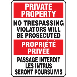 ACCUFORM SIGNS FBMATR510VP Plastic French Bilingual Sign, Legend "PRIVATE PROPERTY NO TRESPASSING VIOLATORS WILL BE PROSECUTED/PROPRIETE PRIVEE PASSAGE INTERDIT LES INTRUS SERONT POURSUIVIS", 14-Inch by 10-Inch by 0.055-Inch, Red/Black on White