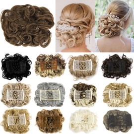 FXTYK Hairpiece Short Messy Bun Scrunchie Scrunchy Clip in Hair Extensions Clip In Combs Synthetic Curly Messy Chignon Ponytail Wavy-Light Auburn