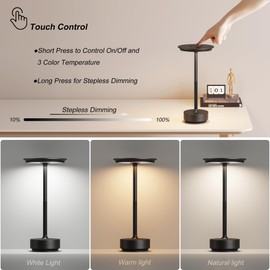 TBBGA Cordless Rechargeable Table Lamps, Portable 5000mAh Restaurant Table Lamp,3 Color Stepless Dimming LED Table Light with Memory Function, for Outdoor/Dinner/Patio/Camping.(Black)