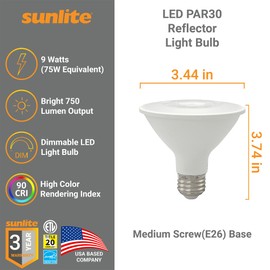 Sunlite Reflector PAR30 LED Bulb, Spotlight, 9W (75W=), 750 Lmns, Medium E26 Base, 90 CRI, Dimmable, Decorative Track Lighting Use, ETL, Title-20 Compliant, Bulk, 24 Pack, 30K-Warm White