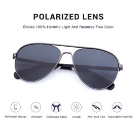 COLOSSEIN Aviator Polarized Sunglasses for Men Stainless Steel Frame with Handcrafted Legs UV400 Lenses Driving Outdoor Eyewear (Grey Lens/Gun)