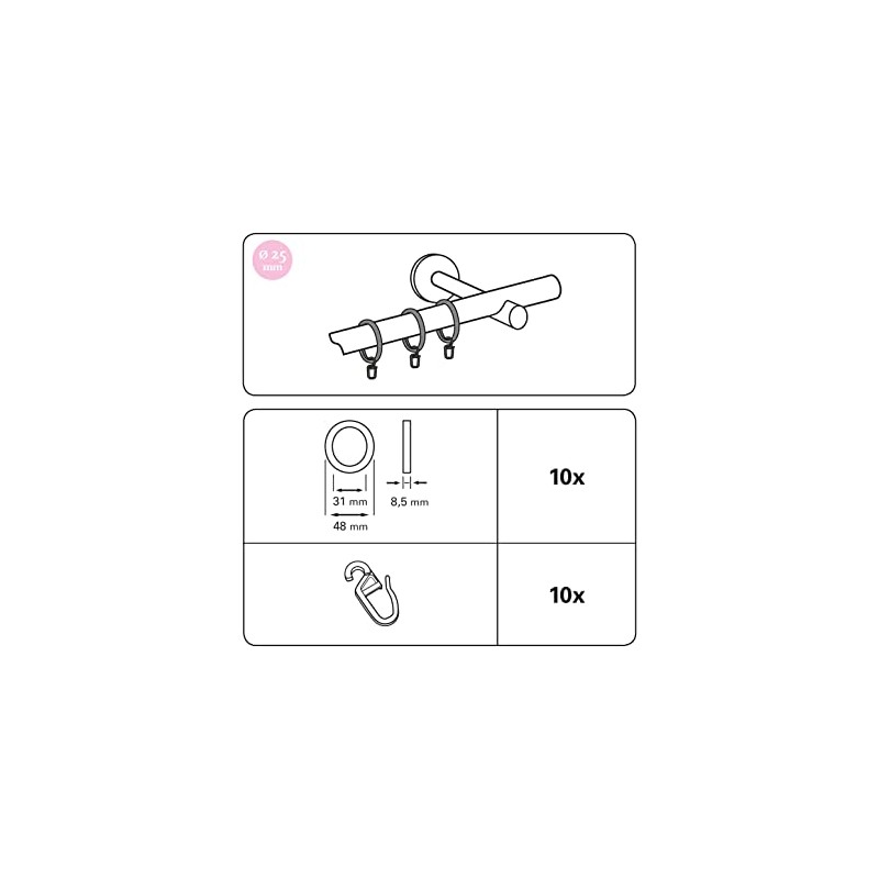 GARDINIA Curtain Rings for Curtain Rods, Diameter 25 mm, with