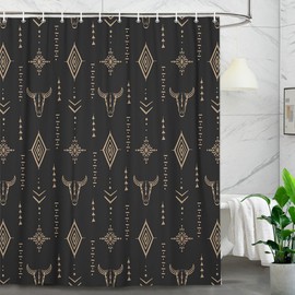 BATRUG Boho Western Bull Skull Shower Curtain, Beige Southwestern Cow Bohemian Geometric Pattern Bathroom Shower Curtain Set, Native Aztec Longhorn Head Cowboy Bath Curtain with 12PCS Hook 70X70IN