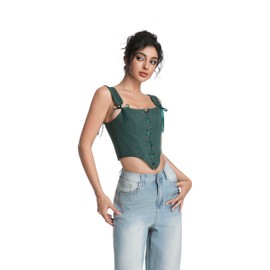 Grodress Renaissance Corset Vest Tops for Women Dark Green Linen Overbust Bustier Bodice Summer Sleeveless Drawstring Crop