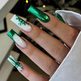 Green Christmas Press on Nails,Long Square Fake Nails with Green Snowflake Design Glitter Press on Nails French Tip Acrylic Nails Full Cover Glossy Stick on Nails for Women Girls Christmas Manicure