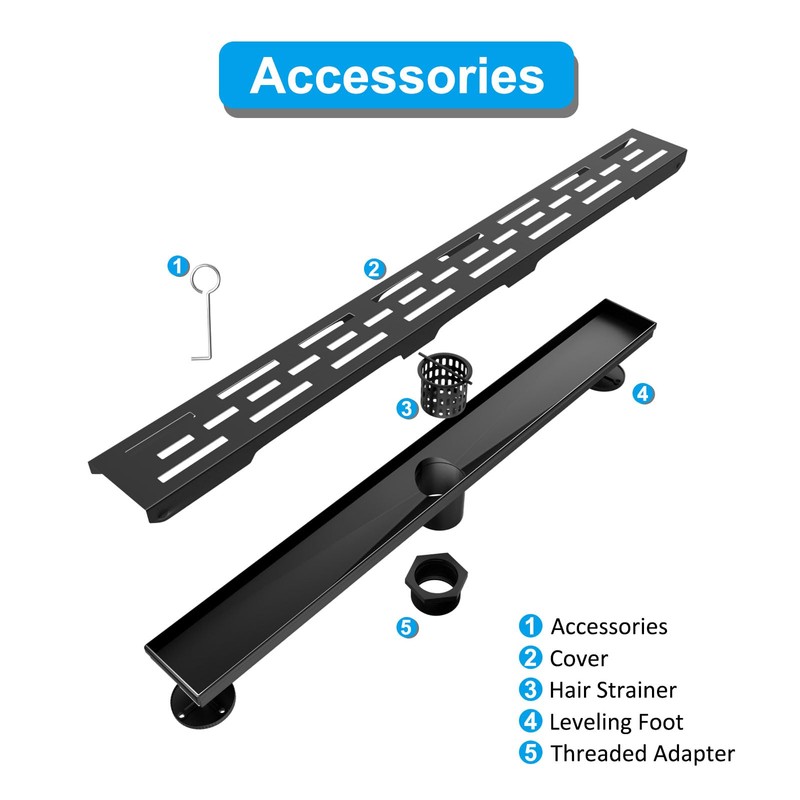 Fibetter 24 Inch Black Linear Shower Drain, Rectangular Shower Floor