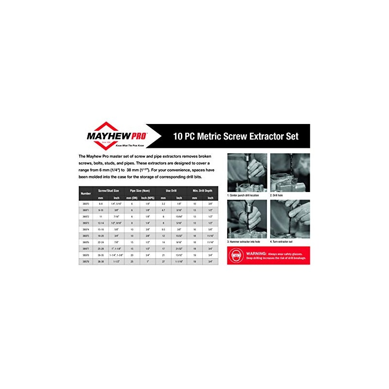 Mayhew Tools 37348 Bolt Extractor Set With Case (Metric), 10-piece