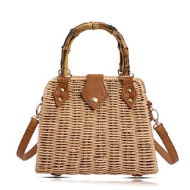 Straw Bag, Crossbody Bags for Women, Bohemian Handmade Woven Bag, Bamboo Handle Handbag Hard Box Handbags, Parties, Vacations Beach Bag(Khaki)