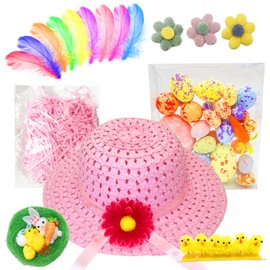 Easter Bonnet Kit - Easter Crafts for Kids, DIY Easter Hat Making Kit with Chicks, Feather, Carrots, Eggs, Nests, Flower, Easter Bonnet Decorations for Kids DIY Activity (Pink)