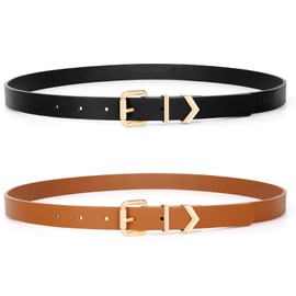 VONMELLI 2 Pack Women Skinny Leather Belts for Jeans Pants Dress Ladies Thin Waist Belt Retro Vintage Belt With Gold Buckle Black + Brown Fit Waist Size 34-36"