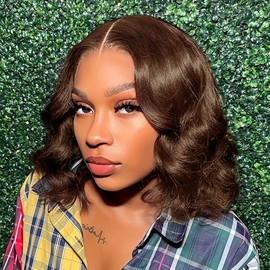 Tinashe Wear and Go Glueless Bob Wigs Human Hair Black Brown 5x6 HD Lace Closure Wigs Pre Plucked Bob Body Wave Lace Front Wigs Short Bob Wigs for Black Women (Loose Body Bob Wig #3, 14inch)