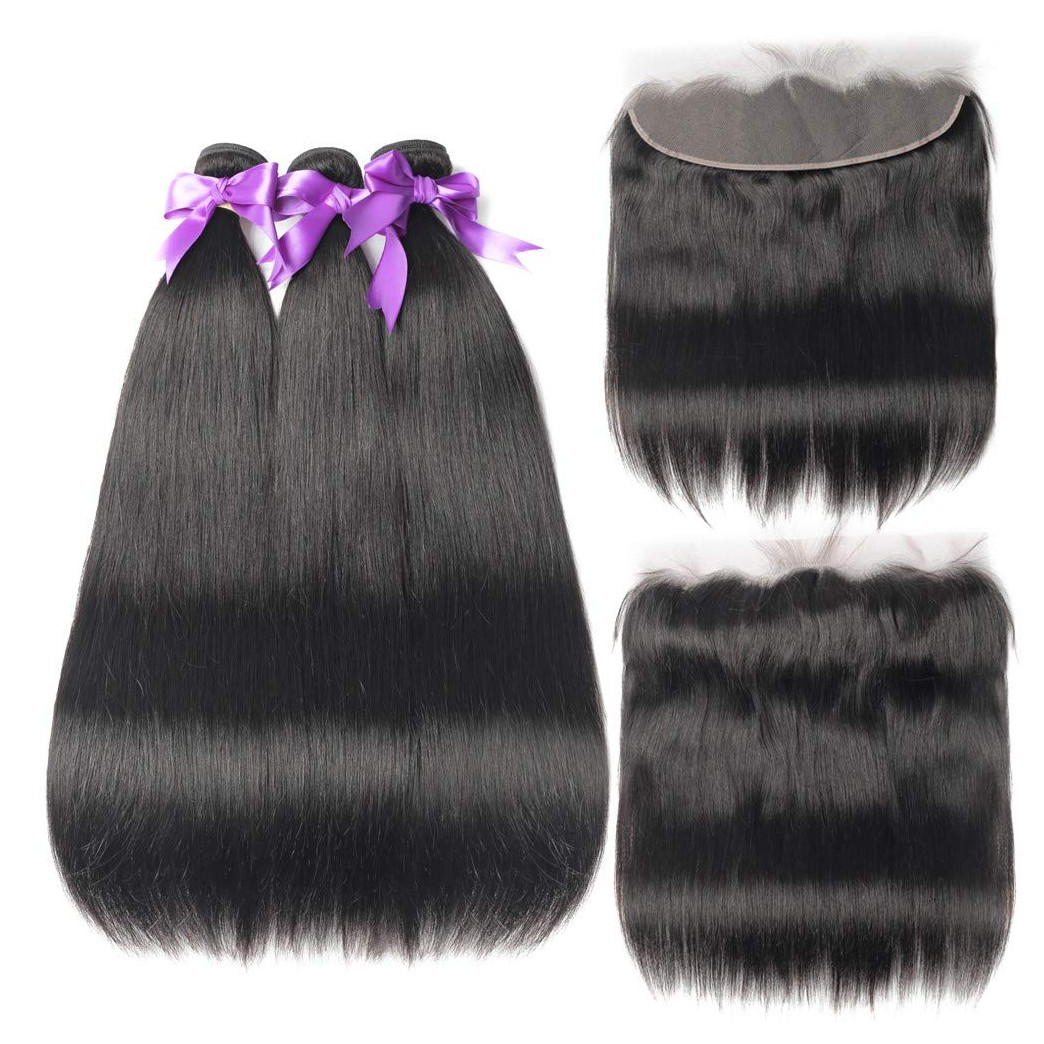 Beauhair Brazilian Straight Hair 3 Bundles With Frontal Closure 13x4 Ear To Ear Lace Frontal With Bundles Unprocessed Virgin Human Hair Extensions Natural Color (18 20 22+18Frontal)