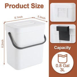Household Wall Mounted Kitchen Trash Can, Hanging Trash Can with Lid, Kitchen Compost Bin, Multifunctional, Suitable for Bathroom/Bedroom/Office (White, 3 Liters/0.8 Gallol)