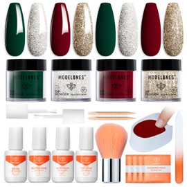 Modelones ChristmasDip Powder Nail Kit, Red Green4 Colors Nail Dip Glitter Powder Kit Starter Set for Beginners with Dipping Powder Liquid Set