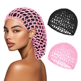 2 PCS Hair Nets for Sleeping Mesh Crochet Hair Wrap Breathable Sleep Cap for Women Reusable Elastic Hairnet（Black，Pink）