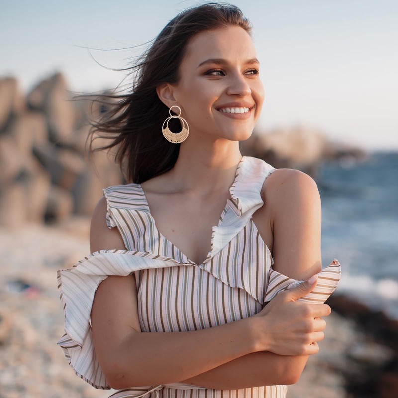 Boho Raffia Earrings for Women Summer Raffia Hoop Earrings Statement