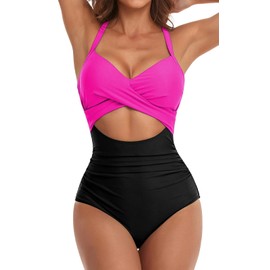 COLIZERE Traje de Baño de Una Pieza para Mujer Bañador sin Manga con Cuello en V Control de Abdomen para Playa Piscina
