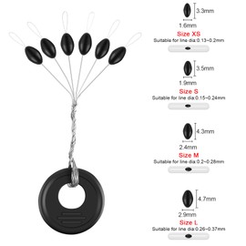 VIPMOON 600 Pieces Fishing Bobber Stopper, Rubber Bobber Stops for Fishing Line, 6 in 1 Oval Floats Sinker Stops, Black, Size XS Slip Bobbers