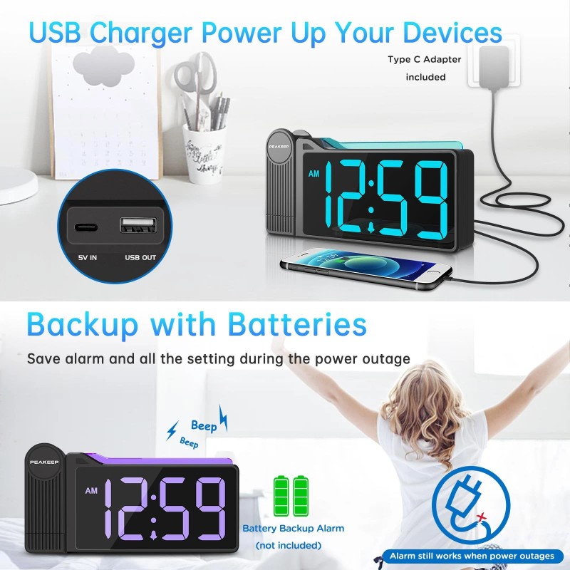 Peakeep Projection Alarm Clock for Bedroom Ceiling Super Loud for