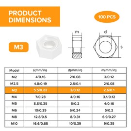 Lyeteung 100 PCS M3 Metric Thread Hexagon Fastener, Nylon Hex Nuts, Metric Coarse Thread Hexagon Nuts, White