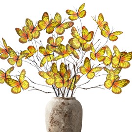 ASTRYAS 6Pcs Artificial Butterfly Flowers Branches 3D Butterfly Decoration Fake Butterflies with Soft Simulation Branches Floral Arrangement for DIY Spring Wreath Wedding Home Decor (Yellow)