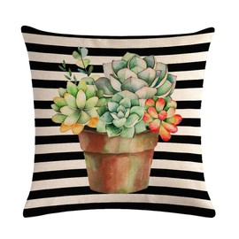 ULOVE LOVE YOURSELF Tropical Plants Throw Pillow Covers Succulent/Cactus with Black Striped Farmhouse Home Decorative Square Cushion Cover 18"X18",2Pack