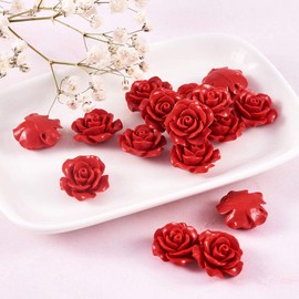 50pcs Red Rose Cinnabar Beads Detail Carved Flower Spacer Beads 20mm Rose Petals Link Charms Beading for Valentine's Day Jewelry Making Wedding Decoration Embellishment Crafts Hole:2mm