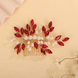 Teyglen Red Rhinestone Wedding Hair Comb Bridal Pearl Crystal Hair Comb Hair Accessories for Bride Headpiece Hair Piece for Women (Red)