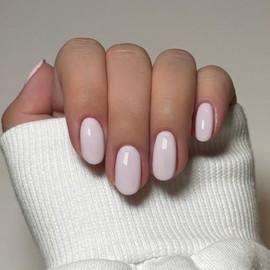 White Press on Nails Short Oval, SXVME Solid Color Acrylic Fake Nail Short Round, Milky White False Nail Press ons Handmade of Gel, Natural Full Cover Glue on Nails For Women Daily Wear 24Pcs