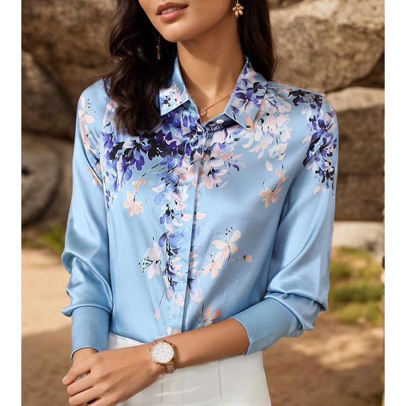 MAAYKOM Women's Printed Flowers Commercial Long Sleeved Casual Loose Lapel